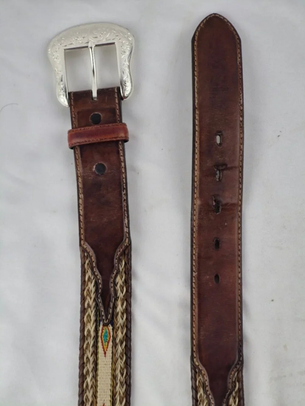 Tony Lama Aged Bark Leather Badlands Belt Horse Hair Nylon Inlay Western 38